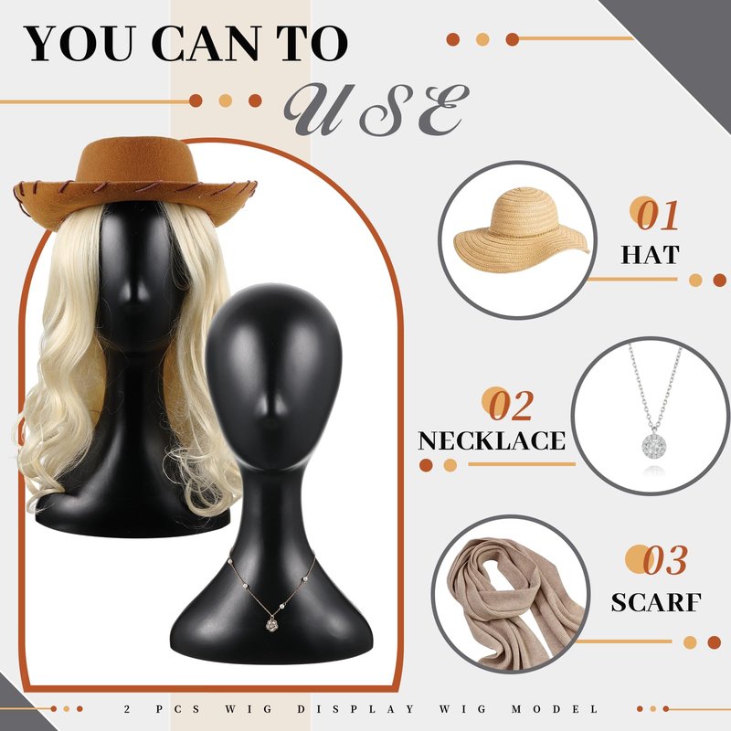 Leinuosen 2 Pcs 16 Inch Mannequin Head for Wigs Display, Plastic Wig Head for Hats, Sunglasses, Jewelry, Hair Styling Practice & Store Display Decor (Black)