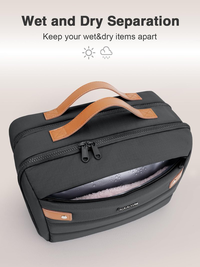 COOSKY Women's Hanging Toiletry Bag, Waterproof Travel Cosmetic Organizer with Jewelry Storage, Large Capacity Makeup Case for Full-Size Skincare & Bathroom Essentials, Portable Cosmetic kit, Black