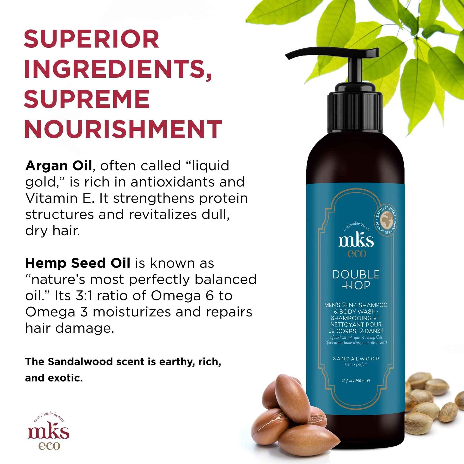 MKS eco for Men Double Hop 2-in-1 Shampoo & Body Wash, Sandalwood Scent - 10 fl oz - With Hemp Seed Oil & Argan Oil - Vegan, Cruelty Free