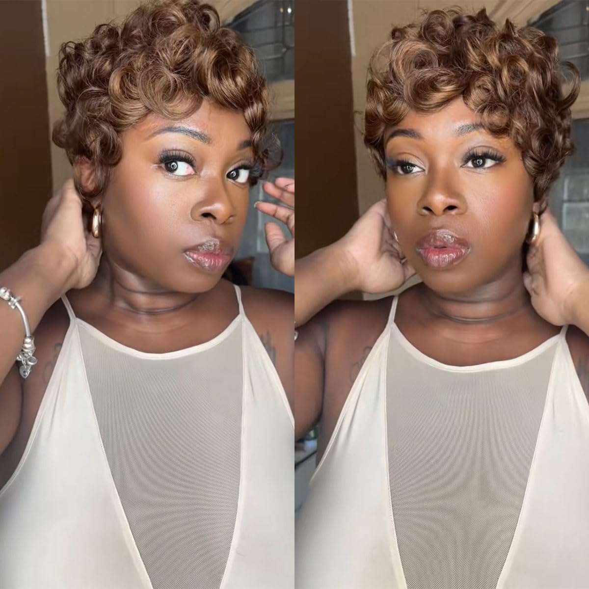 ShowReal Pixie Cut Wigs for Black Women Pixie Cut Human Hair Wigs Natural Black Short Curly Human Hair Wig Short Layered Brazilian Virgin Human Hair Gluless Wigs (025-1B)