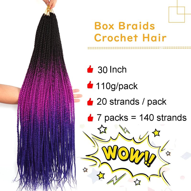 Goddess Box Braids Crochet Hair - 30 Inch Ombre Prelooped Braids for Black Women | 6 Packs 1B/Purple/Blue