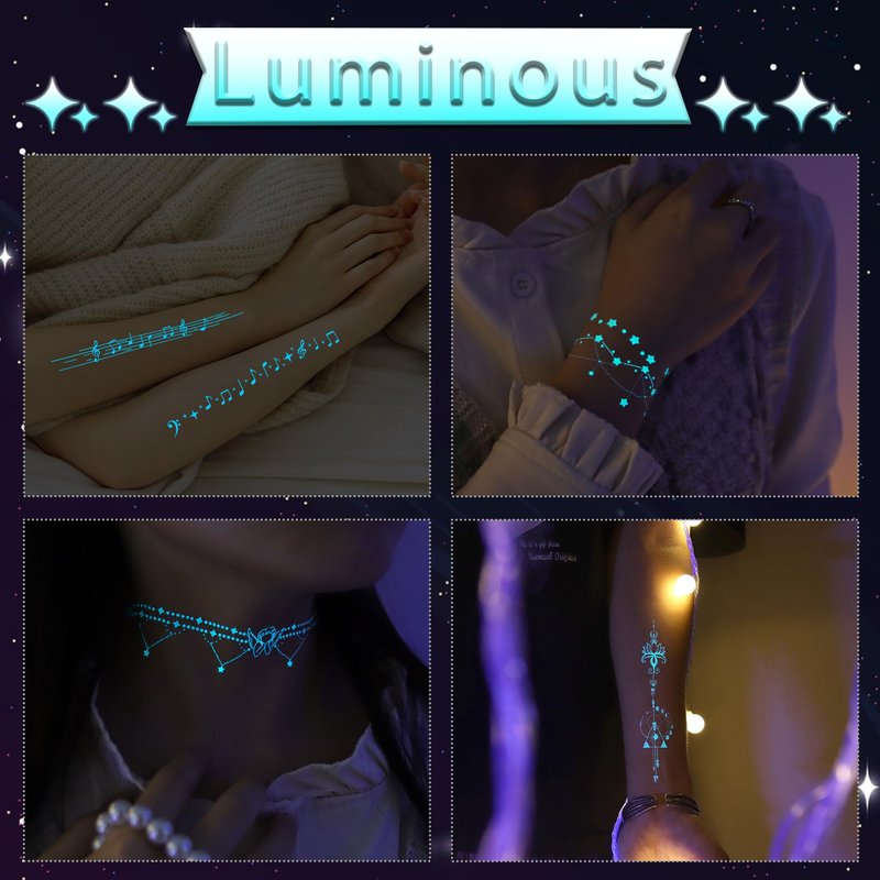 Fssqii Blue Luminous Temporary Tattoos Glow in the Dark Music Festival Moon Tattoos Waterproof Planet Star Fake Tattoo Sticker for Women Men Face Body Arm Party Cute Skin Tattoo Decorations