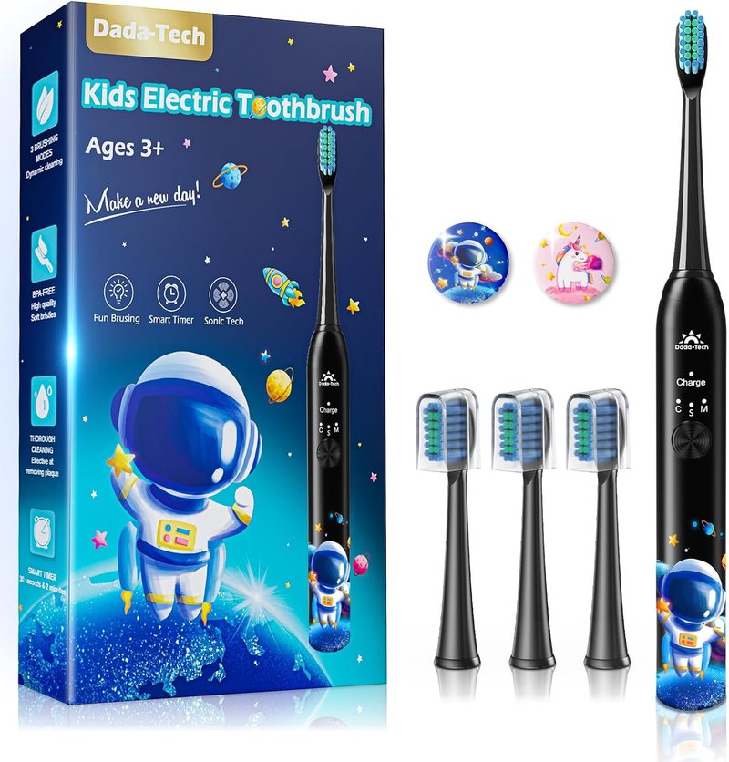 Kids Sonic Electric Toothbrush - Rechargeable with Timer & 4 Heads | Astronaut Black, Ages 3-18