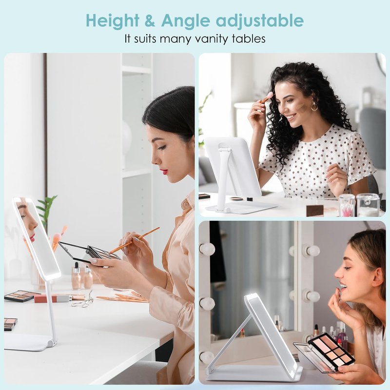 7.8" x 6.1" Rechargeable Travel Makeup Mirror with Lights and Small 10X Magnification, Foldable Stand with Adjustable Height & Angle, 3 Light Colors LED Lighted Vanity Mirror (White)