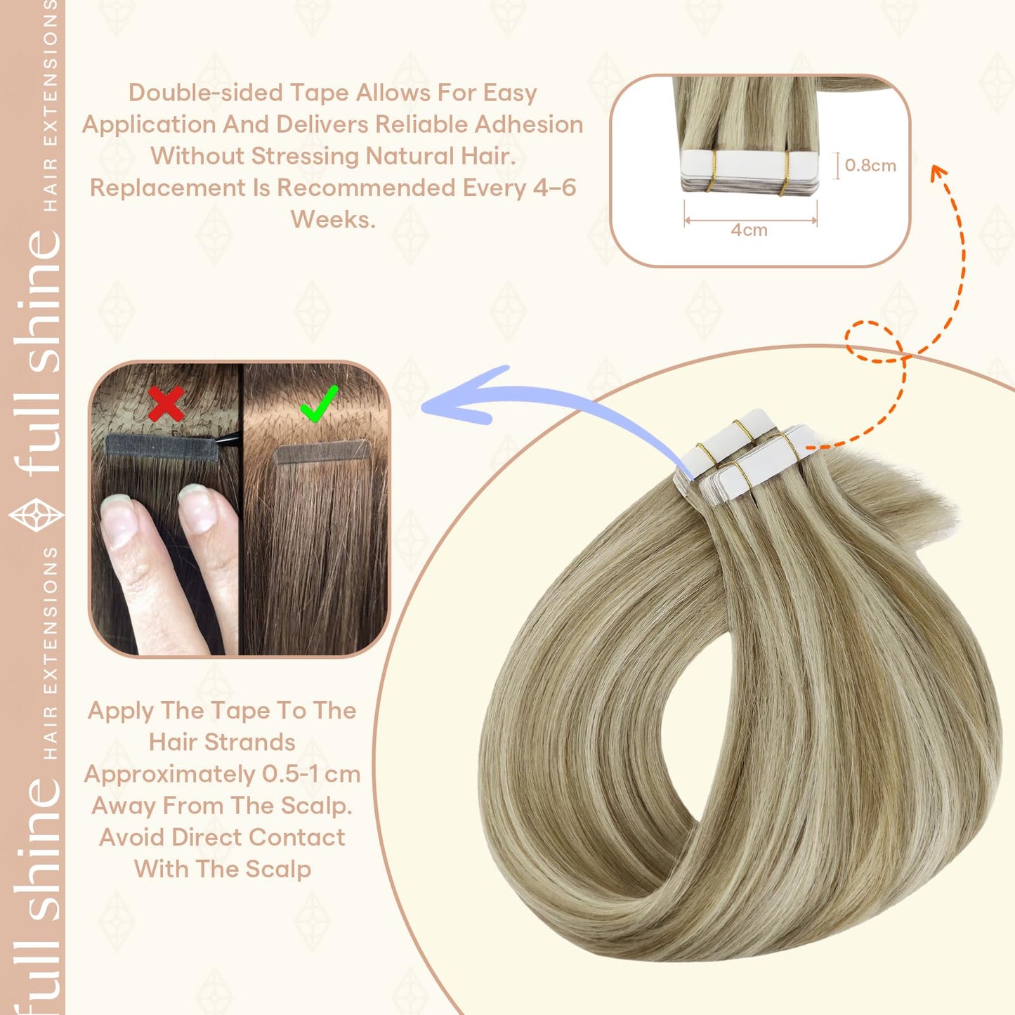 Full Shine Tape in Hair Extensions, Color 16 Desert Blonde Highlighted 22 Champagne Blonde, 18 Inch, 50g, 20PCS, Natural Invisible Tape Ins Human Hair Extensions for Wedding