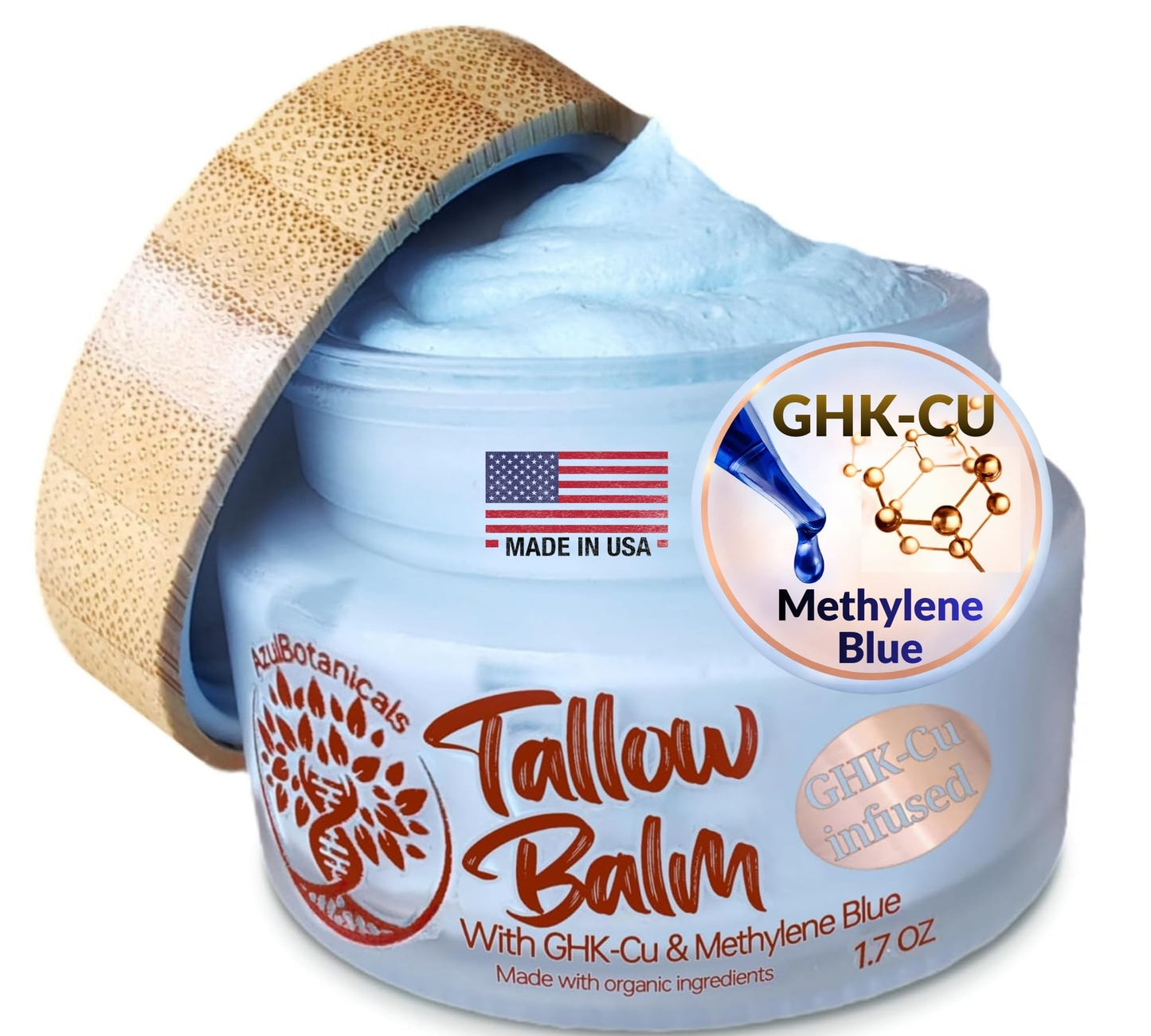 Whipped Balm for Skin & Face Made In The USA - Copper Peptide GHk-Cu & Methylene Blue Infused Whipped Grass Fed Tallow Balm, Fine lines, Wrinkles, Eczema, Acne, Full body Moisturizer (1.7 oz)