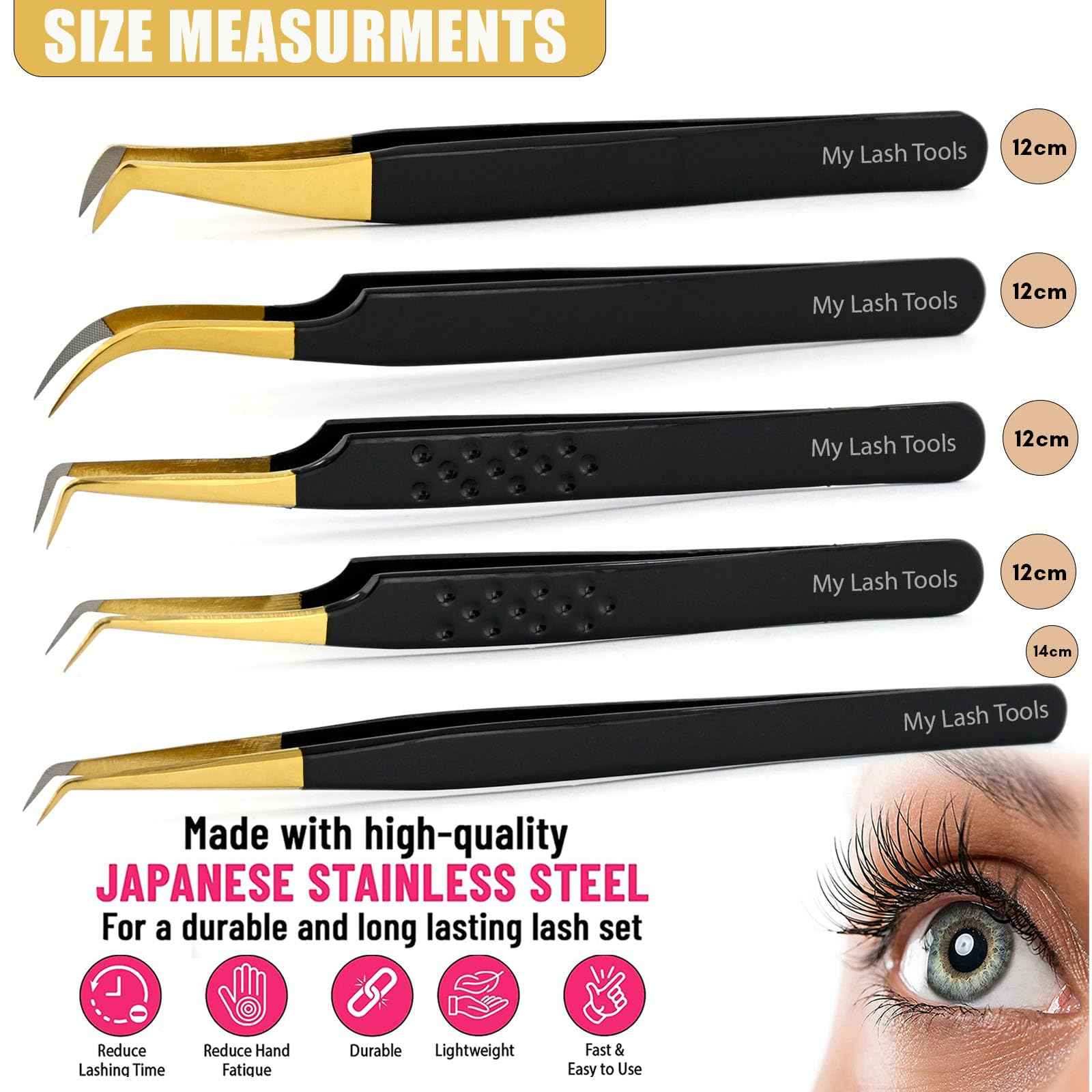 5pcs Fiber Tip Lash Tweezers Set – Curved Classic, Boot Volume, 90° & 45° Angle, Isolation Tweezer for Eyelash Extensions, Precision Stainless Steel, Professional Non-Slip Application Kit