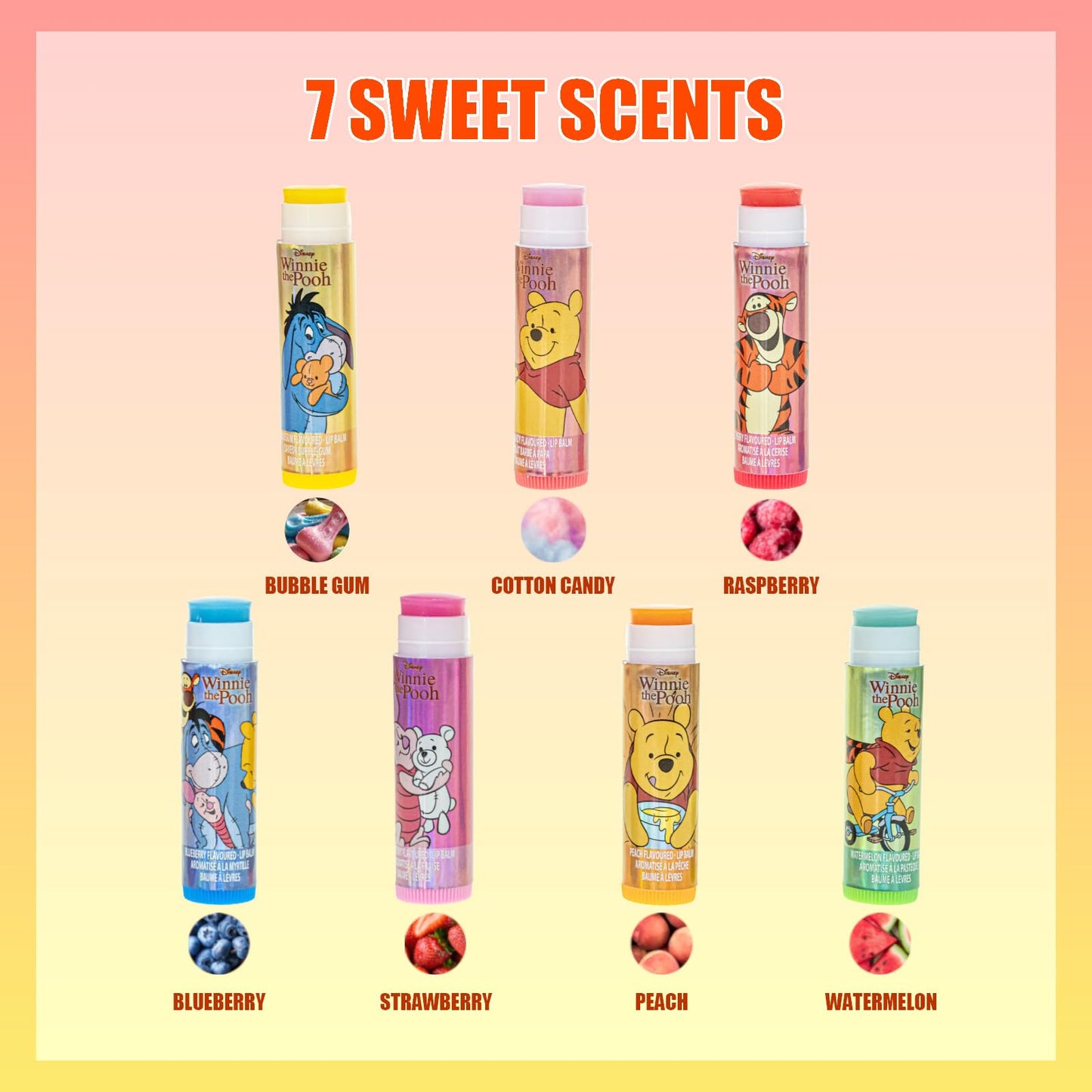 Winnie the Pooh 7 Pack Lip Balm Set with Winnie the Pooh Keychain, Plant Based Kids Lip Balm for Party Favors, Sleepovers and Stocking Stuffers, Ages 3+ by Townley Girl