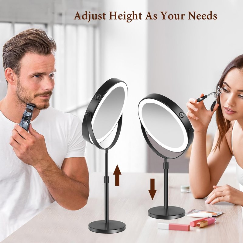 rndecuck 8" Lighted Makeup Mirror with Magnification 10x and 3 Color Light 2500mAh Rechargeable Height Adjustable 360° Rotation Double Sided LED Vanity Mirror for Desk (Black)