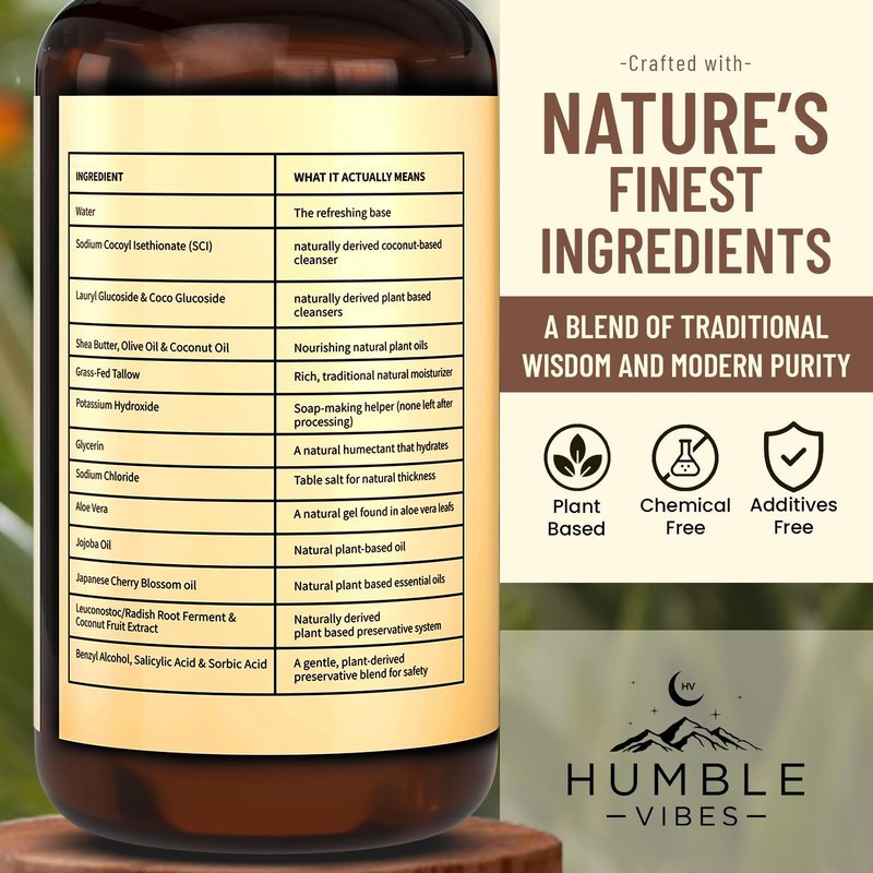 HUMBLE VIBES New!, Natural Tallow Body Wash, Made With Naturally Derived Plant Based Ingredients & Tallow, Free of Harsh Chemicals, Great for Eczema, Itchy Dry Skin, Moisturization, Teakwood & Amber