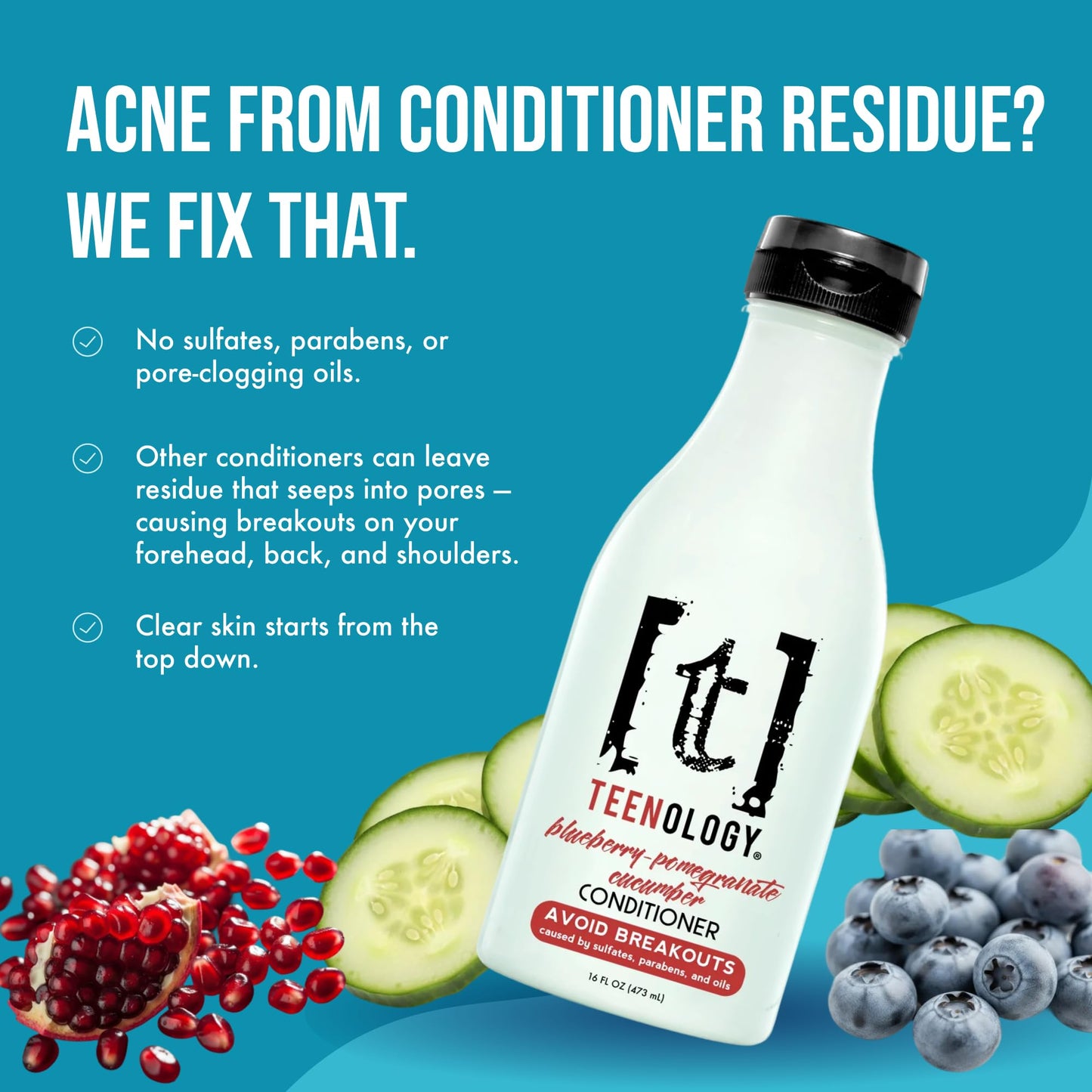 Teenology Teen Conditioner – Avoid Acne, Non-Comedogenic, For Dry & Oily Scalps, Sulfate & Paraben Free, Natural Extracts, for Clear Skin & Healthy Hair, 16 oz – (Blueberry Pomegranate Cucumber)