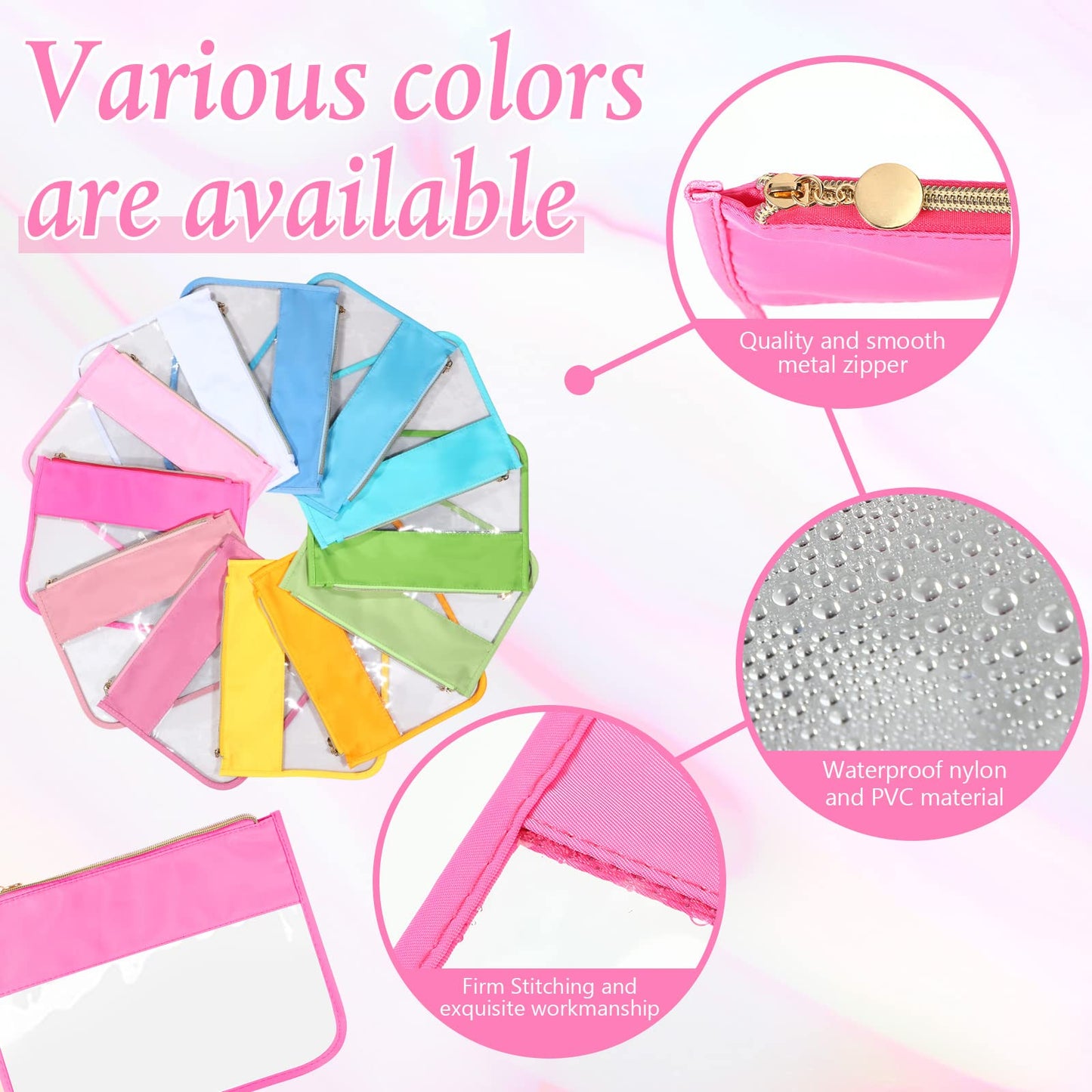 Sweetude 12 Pieces Clear Zipper Pouch for Travel Nylon Makeup Bag Waterproof Snack Stuff Pouches Cute Purse Cosmetic Bags for Women Girls Gifts