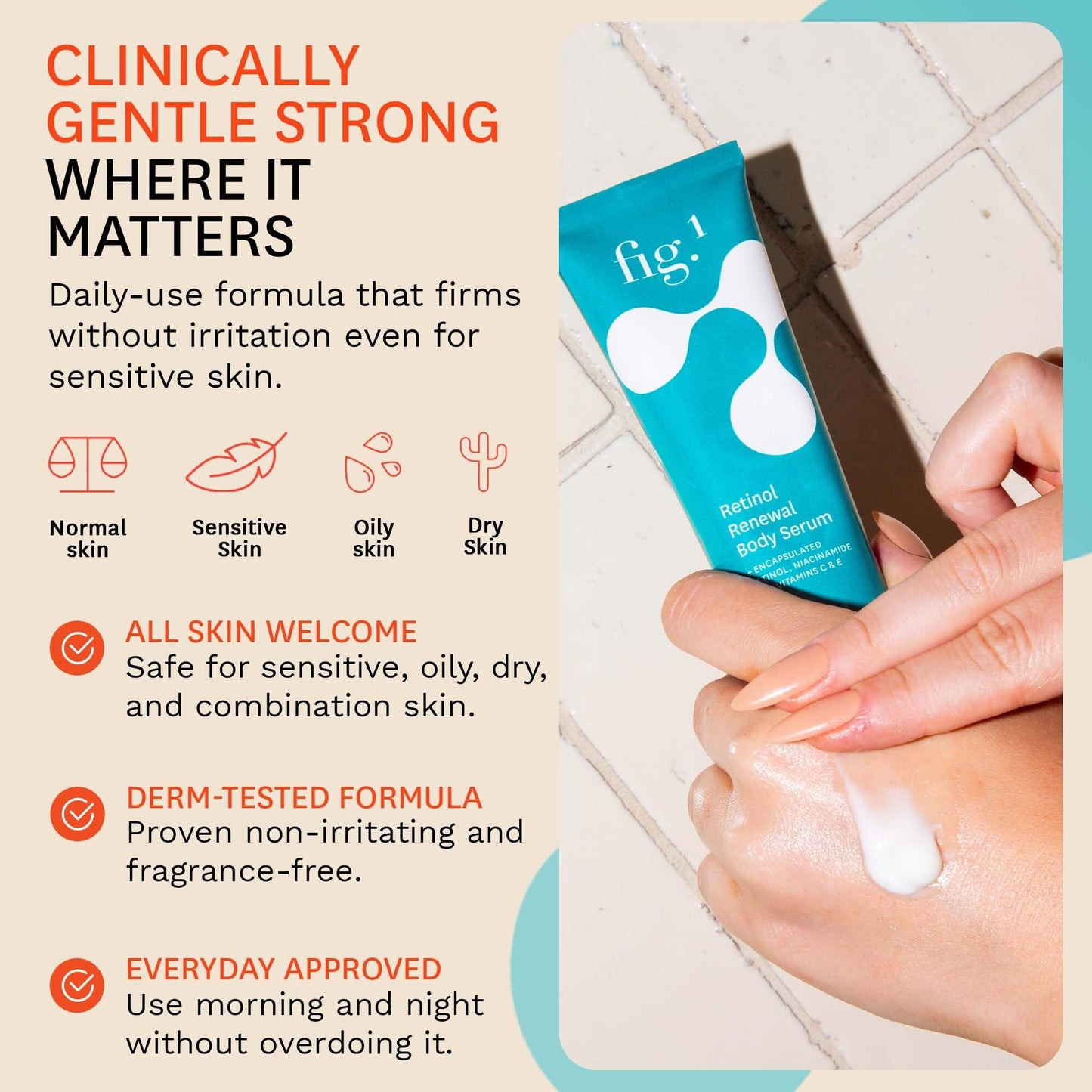 Fig.1 Retinol Body Serum – Advanced Skin Booster for Crepey Skin, Stretch Marks, Anti-Aging & Dark Spots – Glowing, Non-Greasy Retinoid Treatment with Niacinamide, Vitamin C & Retinol – 3.4 oz