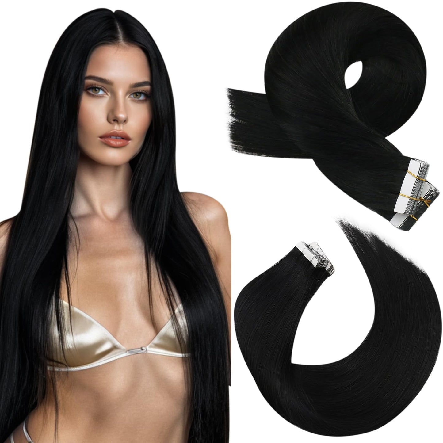 Moresoo Black Tape in Hair Extensions Human Hair Seamless Hair Extensions Tape in Jet Black Extensions Human Hair Glue in Real Hair Glue in Human Hair 22 Inch #1 20pcs 50g