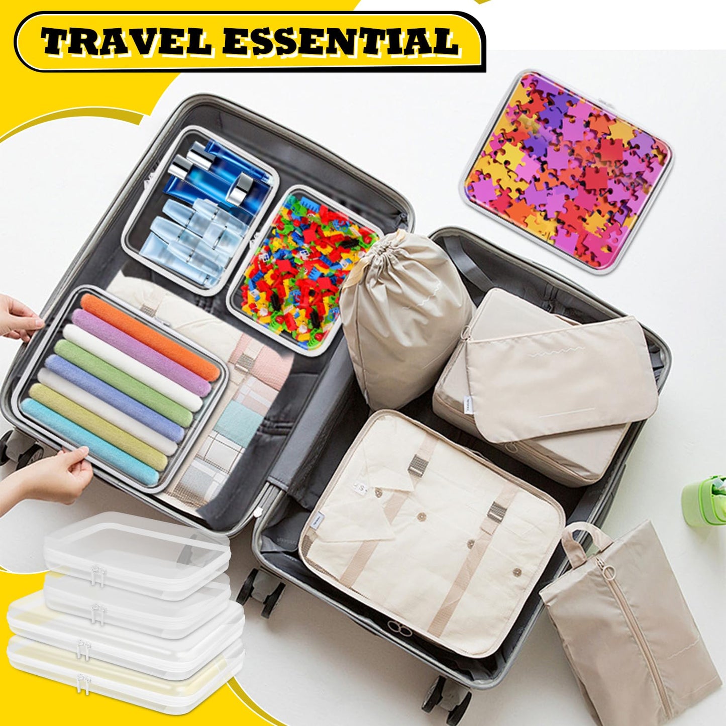 4 Pack Clear Hard Shell Zipper Case(2 Extra Large, 2 Large),13.7" Extra Large+9.8" Large Clear Zipper Pouches for Travel,Toiletries, Makeup,Cosmetic,Electronics & Pencils- Crush-Resistant Storage
