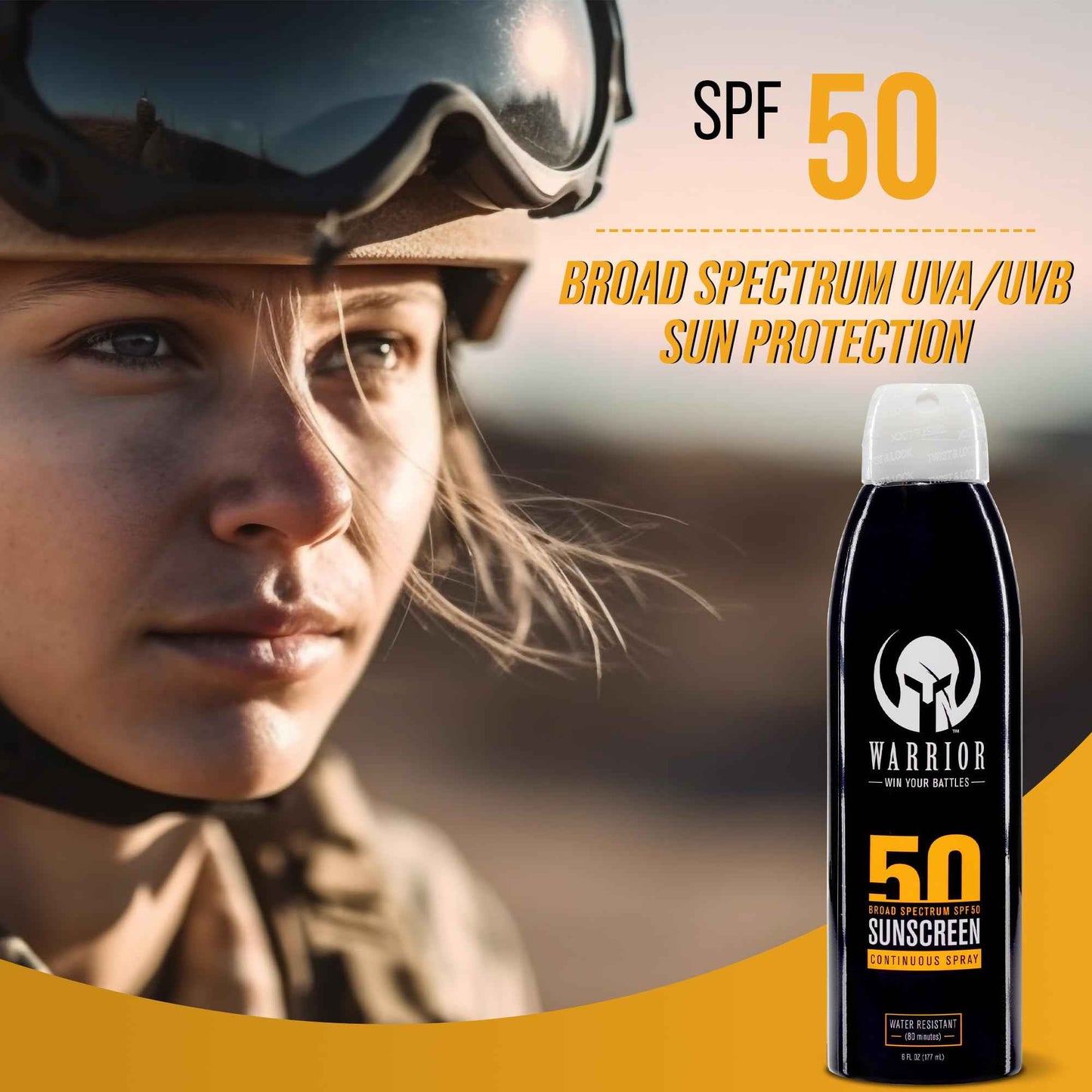 Warrior Sunscreen SPF 50 Continuous Spray - Water & Sweat Resistant Sunscreen Spray - Broad Spectrum Protection for UVA/UVB - Quick Dry Effective Formula, Field Tested – 6 Oz