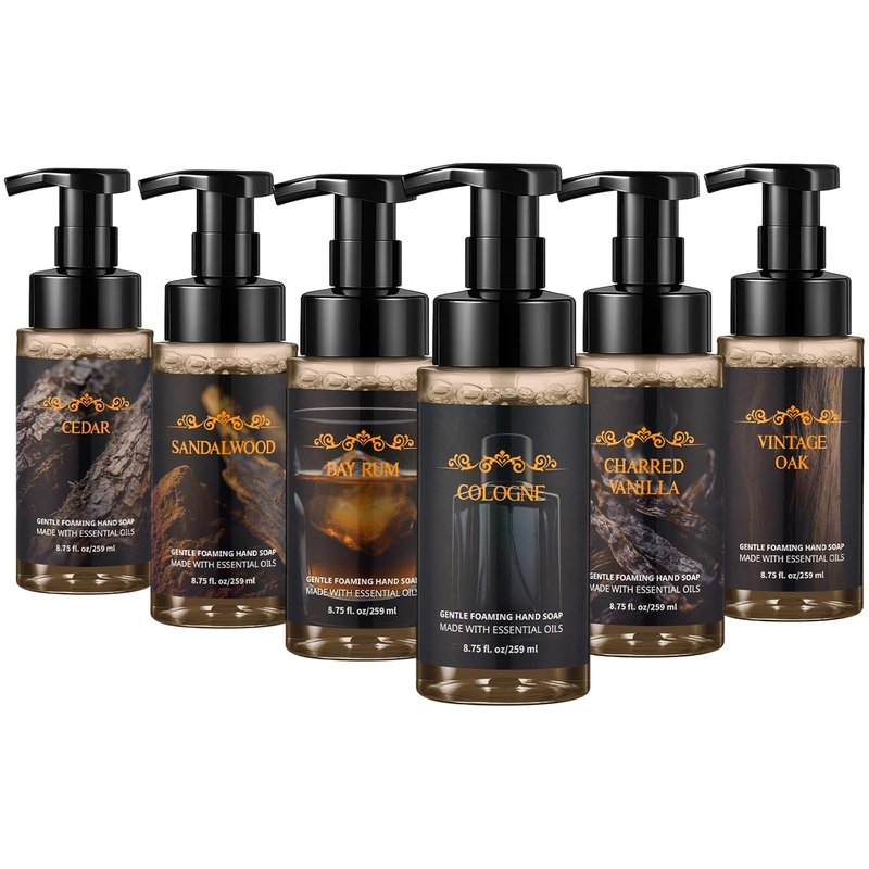 Men's Foaming Hand Soap - 6 Pack Moisturizing Liquid Foam | Cedar, Sandalwood, Bay Rum, Charred Vanilla, Vintage Oak