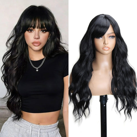 POUWENEY Black Wig with Bangs 36 Inch Long Curly Wavy Wigs for Women Begineer-Friendly Synthetic Wig for Daily Party Holiday Use