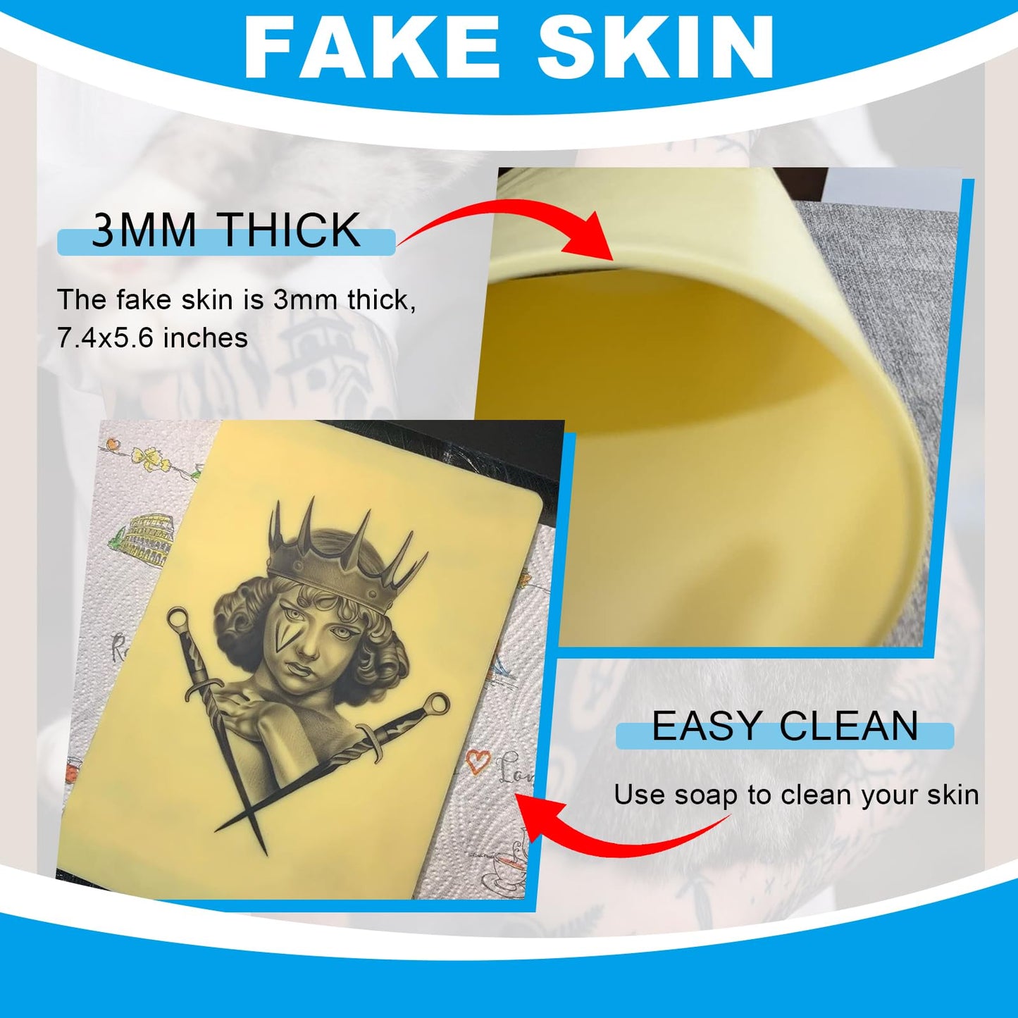 Emalla 3mm Premium Tattoo Fake Skin, 10Pcs Silicone Practice Skin for Practice Double-Sided Use 7.4"x5.6" Soft Skin for Artists and Beginners Tattoo Supplies