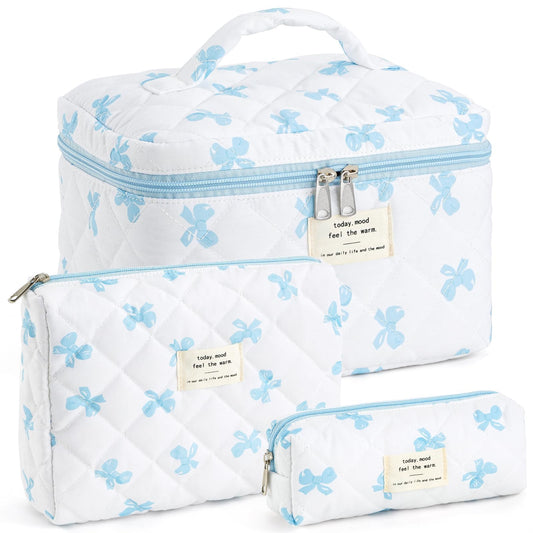 UUYUUY Makeup Bag for Women 3PCS Quilted Cotton Make Up Bag Travel Cosmetic Bag Large Makeup Bag Set Cute Blue Bow Makeups Organizer Floral Toiletry Pouch for Purse