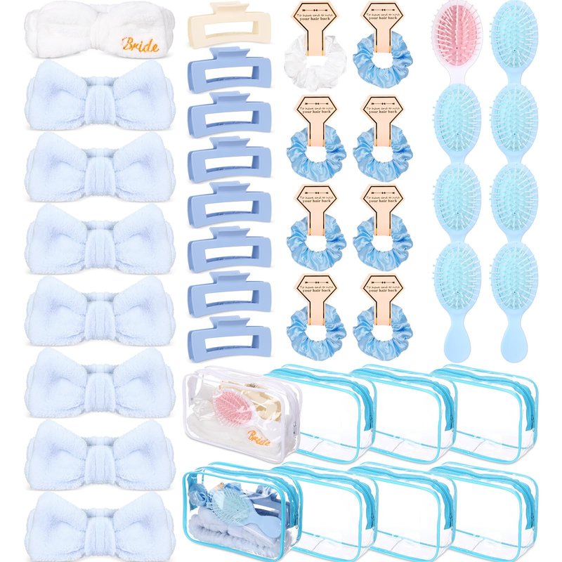 Wavyknot 40 Pcs Bachelorette Favor Set Include Headband Scrunchies Hair Claw Clips Hairbrush and Makeup Bag for Bridal Shower Party Gifts Bridesmaid Wedding Supplies (White and Blue)