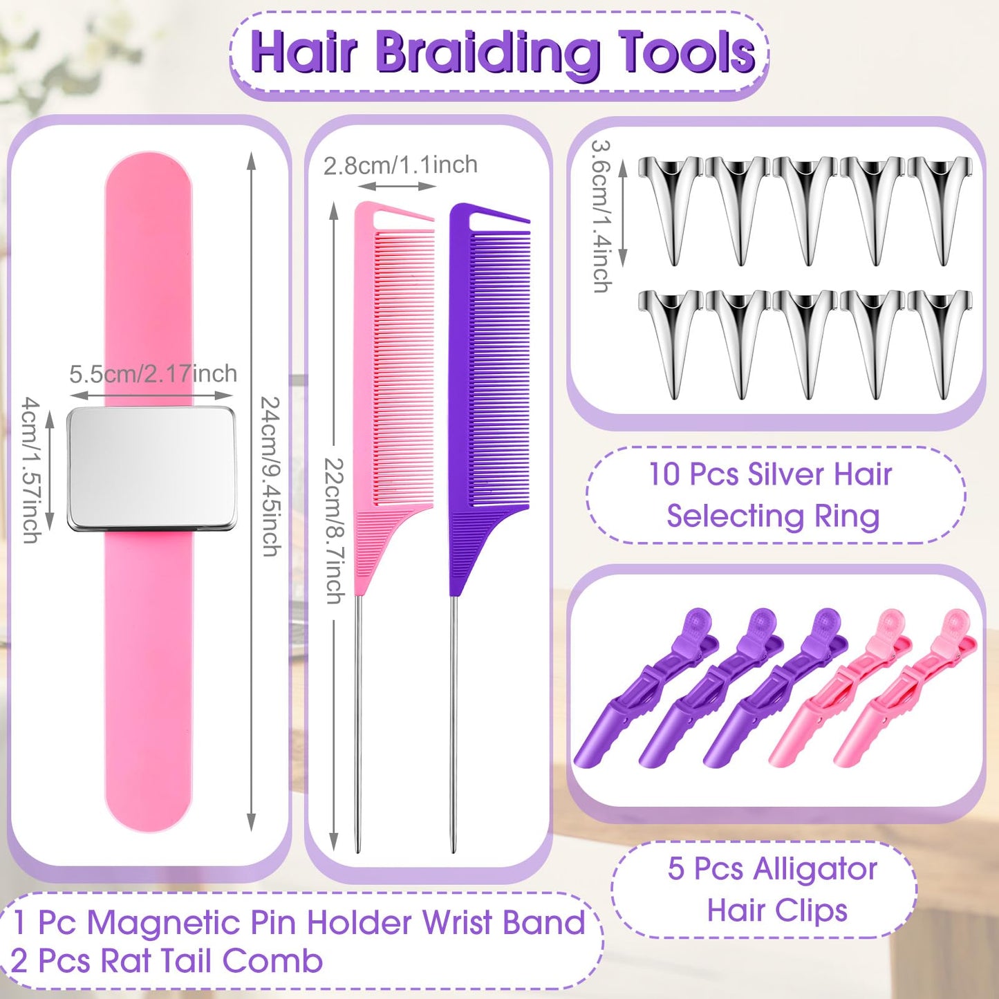Juexica 19 Pieces Braiding Hair Rack Braid Hair Extension Tools Utensils Include Braiding Stand, 10 Parting Comb Ring, 5 Sectioning Clips, 2 Rat Tail Comb and Magnetic Pin Wristband(Purple)