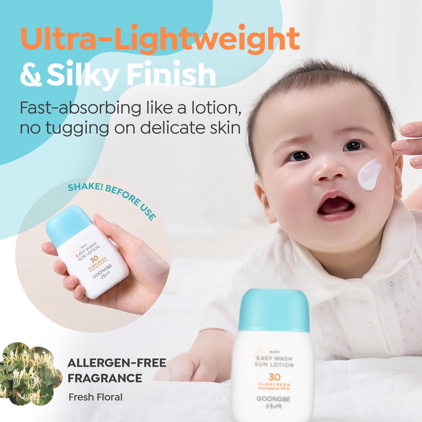 GOONGBE Baby Easy Wash Sun Lotion SPF 30 - Korean Moisturizing Zinc Oxide Mineral Sunscreen for Babies and Kids - Washes Off Easily - Vegan, Reef-Safe, Allergen-Free, 2.11 fl.oz.