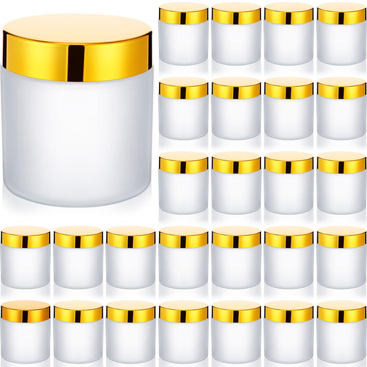 Geiserailie 30 Pcs 3.5oz Glass Jars with Plastic Wood Grain Lids Leakproof Airtight Empty Cosmetic Jars Sample Containers for Storing Lotions Powder Ointments Candle Making(Gold)