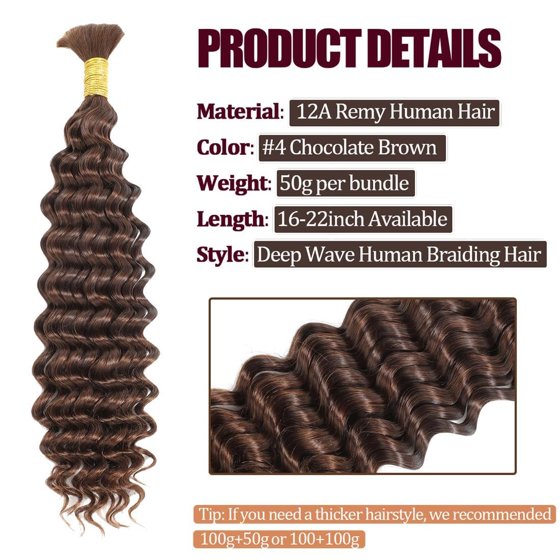 #4 Braiding Hair Deep Wave Bulk Chocolate Brown Boho Braids Human Hair for Braiding 2 Pcs Total 100g 18 Inch Chocolate Brown Color #4 Bulk Bundles Brazilian Virgin