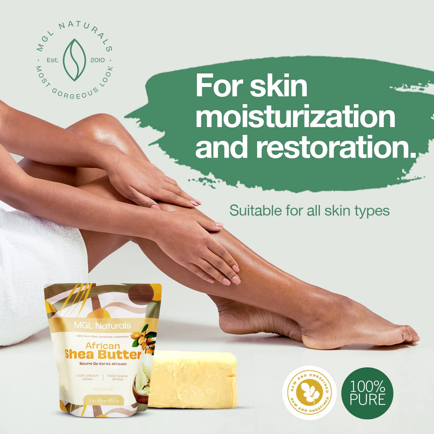 MGL Naturals Raw African Shea Butter Ivory 2.2 lb, 100% Pure, and Unrefined. Nourish and moisturize hair and skin. Use alone or DIY recipes. From Ghana, West Africa. (2.2 lb | 1 kg | 35.3 oz)