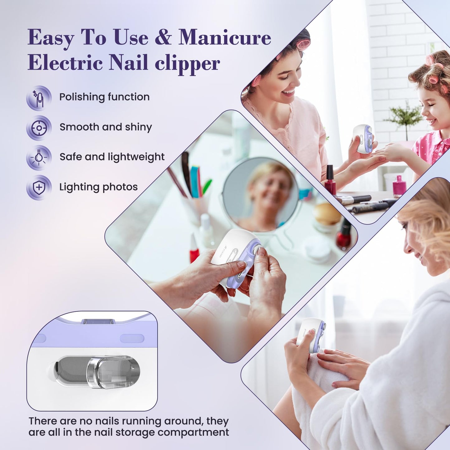 Electric 2-in-1 Nail Clipper & Polisher, 2-Speed Safe Fingernail Trimmer for All Ages, Rechargeable Automatic Nail Clipper with Light, Manicure Set for Baby Kids Seniors & Weak Hands, Purple