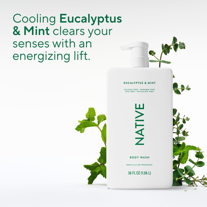 Native Body Wash for Women & Men, Eucalyptus & Mint, 36 oz Pump Bottle, Sulfate-Free & Gentle
