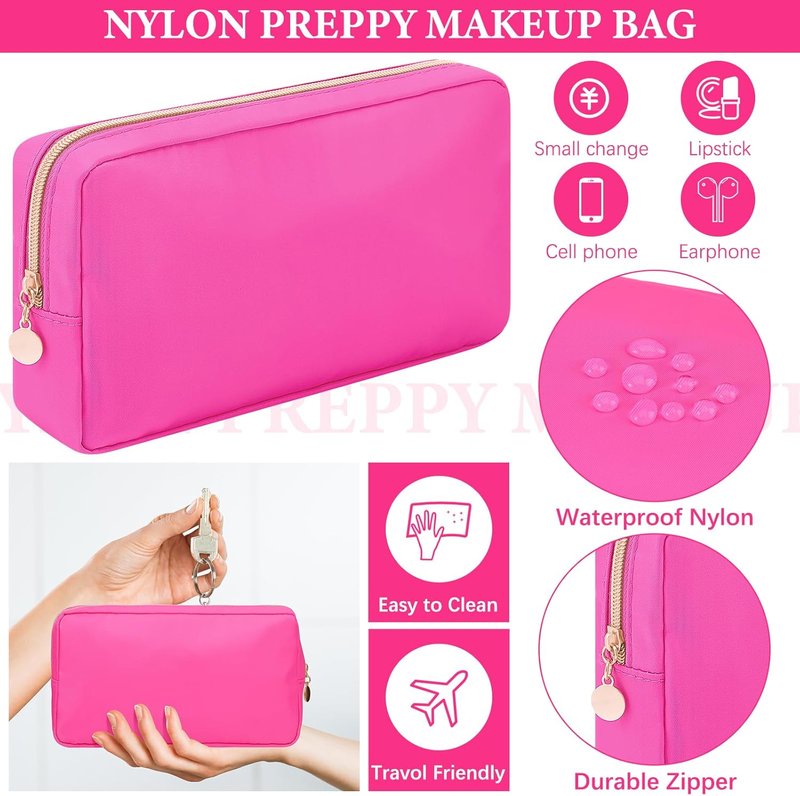 Hushee Nylon Makeup Bag Set - 4 Pcs Waterproof Travel Organizer | Small Hot Pink Zipper Pouch