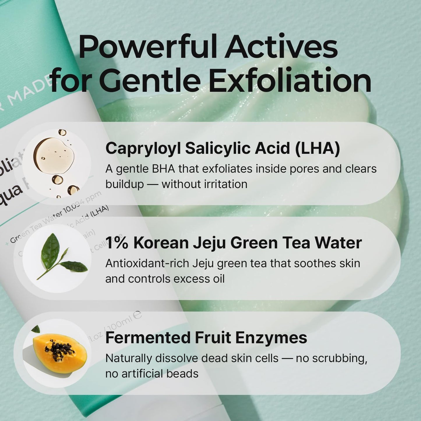 MOTHER MADE LHA Green Tea Exfoliating Aqua Peel Gel, Deep Pore Face Exfoliant, Gentle Facial Exfoliator, Dead Skin Remover, Natural Cellulose for Peeling, Vegan, Korean Skincare (100ml / 3.38 fl.oz)