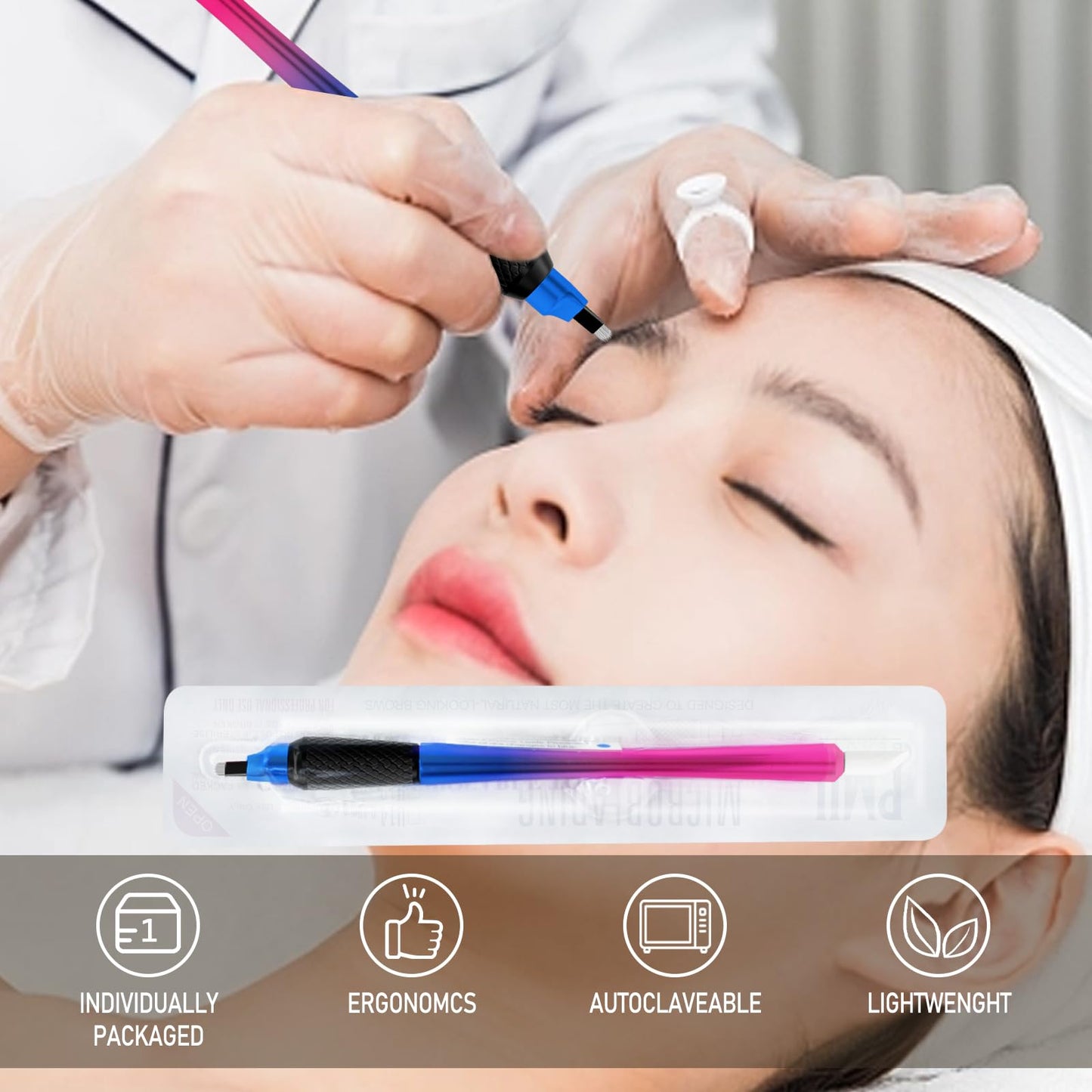 PMUBEAUTY 10Pcs Disposable Microblading pen sterilized 18 U-shaped 0.15mm Nano Blade Manual Eyebrow Pen Comfortable Rubber Grip with Pigment Sponge for Eyebrow Tattoo Permanent Makeup (18U 0.15mm)