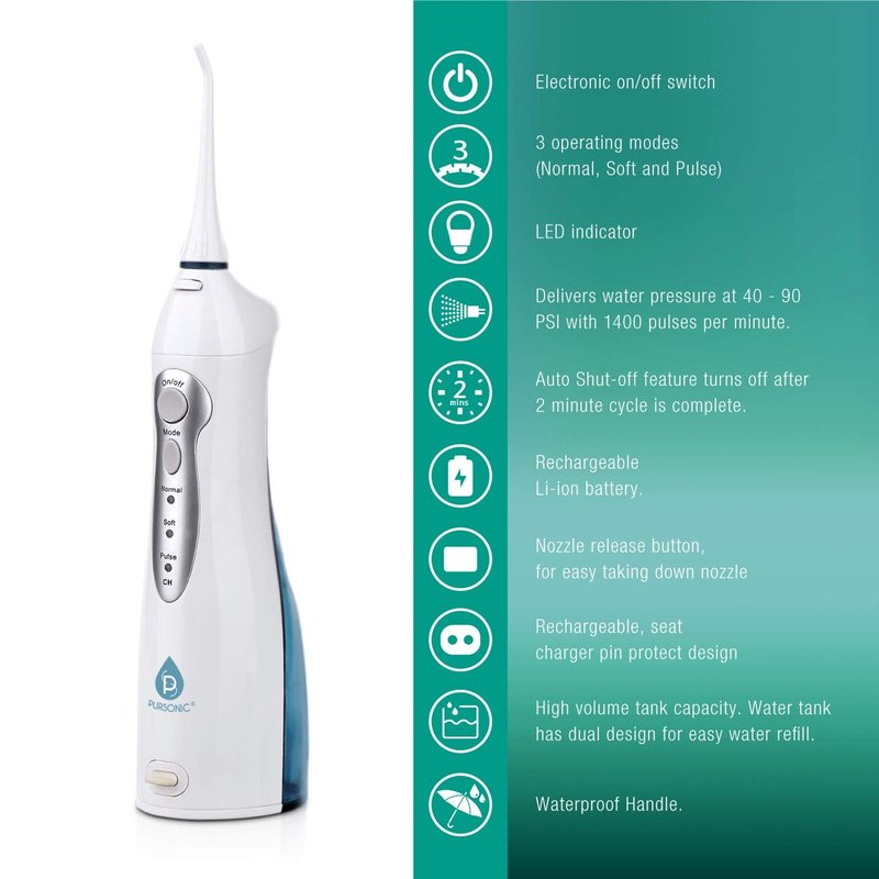 Pursonic USB Rechargeable Oral Irrigator Water Flosser, Helps Remove Plaque and Dilute Harmful Toxins.