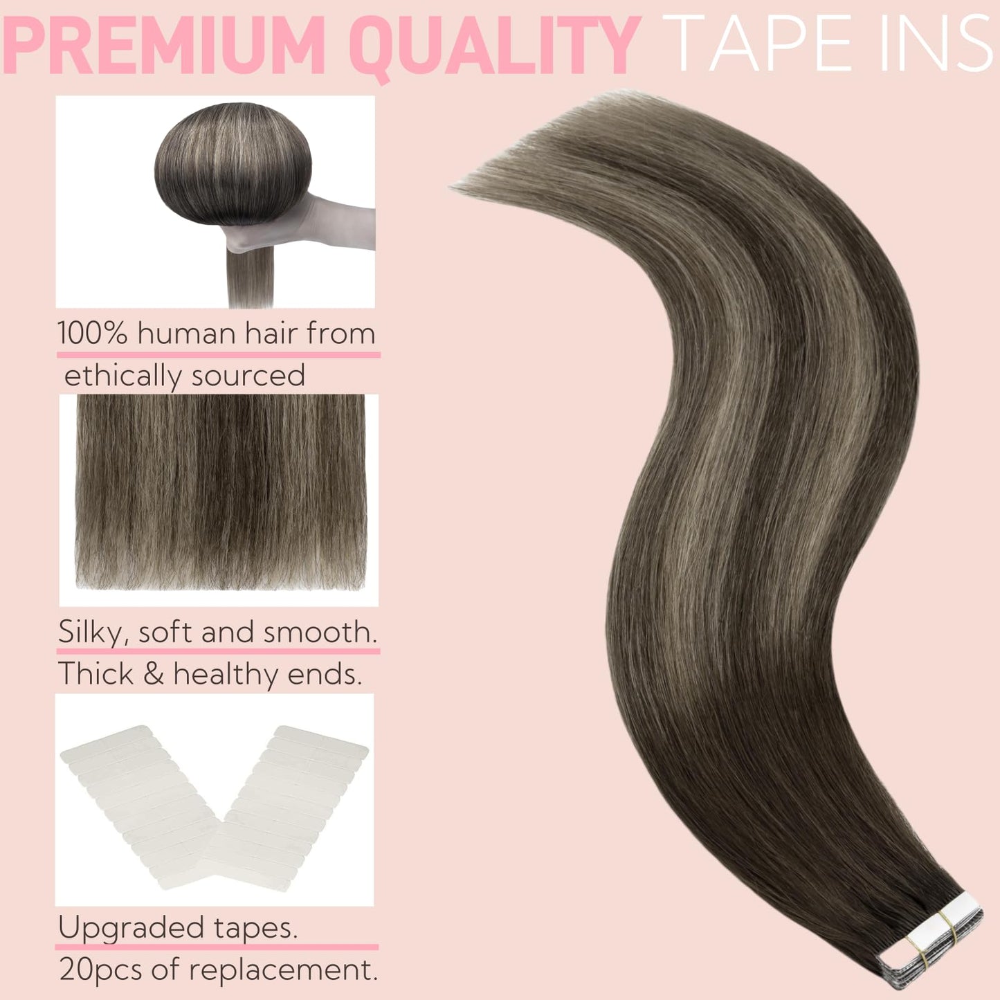 FUOTONBUTY Tape in Hair Extensions Real Human Hair Double Stitched Invisible Seamless 20pcs 50g(Ombre Medium Brown to Honey Blonde, 18 inch)