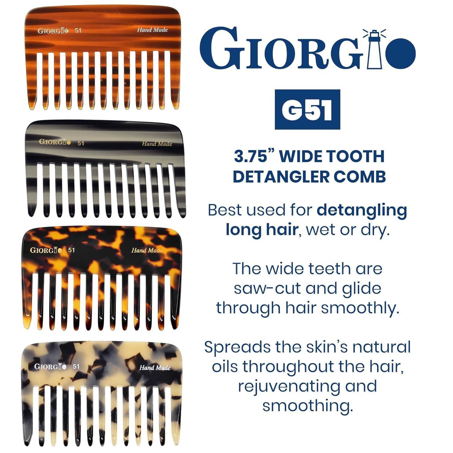 Giorgio G51 Graphite Small Travel Purse Detangling Comb - Wide Teeth Pocket Comb for Thick, Curly and Wavy Hair, Wet or Dry Use, Handmade of Cellulose, Saw-Cut, Hand Polished
