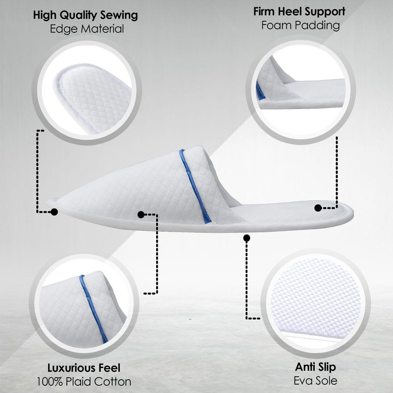 Modlux Spa Slippers 6-12 Pairs, Unisex Disposable Slippers Closed Toe Washable, Reusable, Bridal, Indoor, House, Bathroom, Bedroom, Hotel, For Guest (White with Blue Ribbon, 12 Pair)