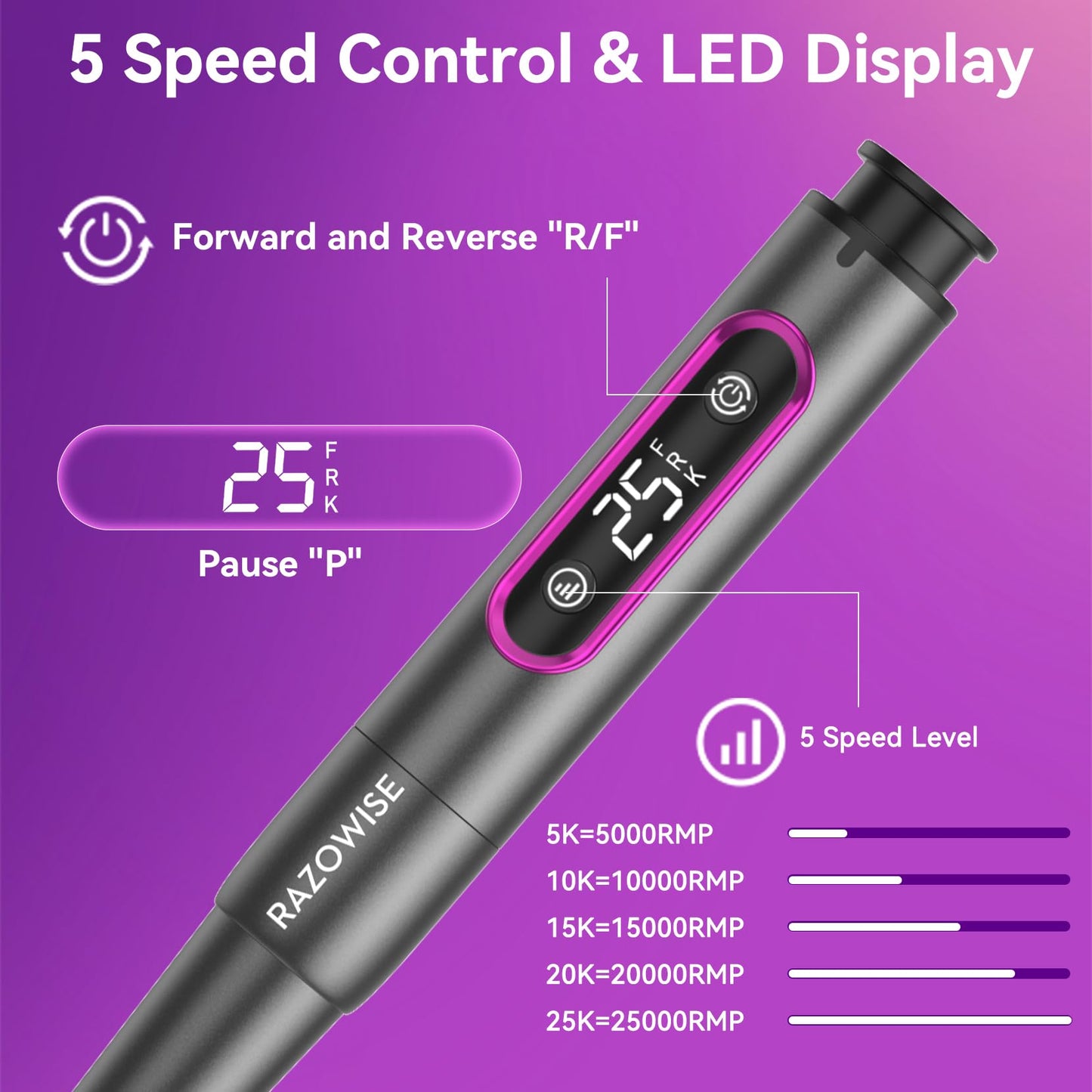 RAZOWISE Portable Electric Nail Drill File 5 Speeds 12 in 1 with LED Display Rechargeable Professional Efile for Natural Acrylic Gel Powder Manicure Pedicure Nails, Pink