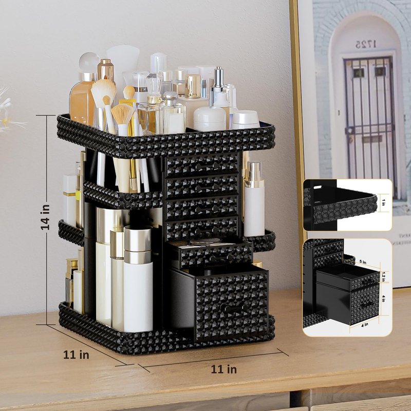 360 Rotating Makeup Organizer - Large Clear Acrylic Vanity Storage with 6 Drawers | Adjustable Spinning Cosmetic & Perfume Holder (Black)