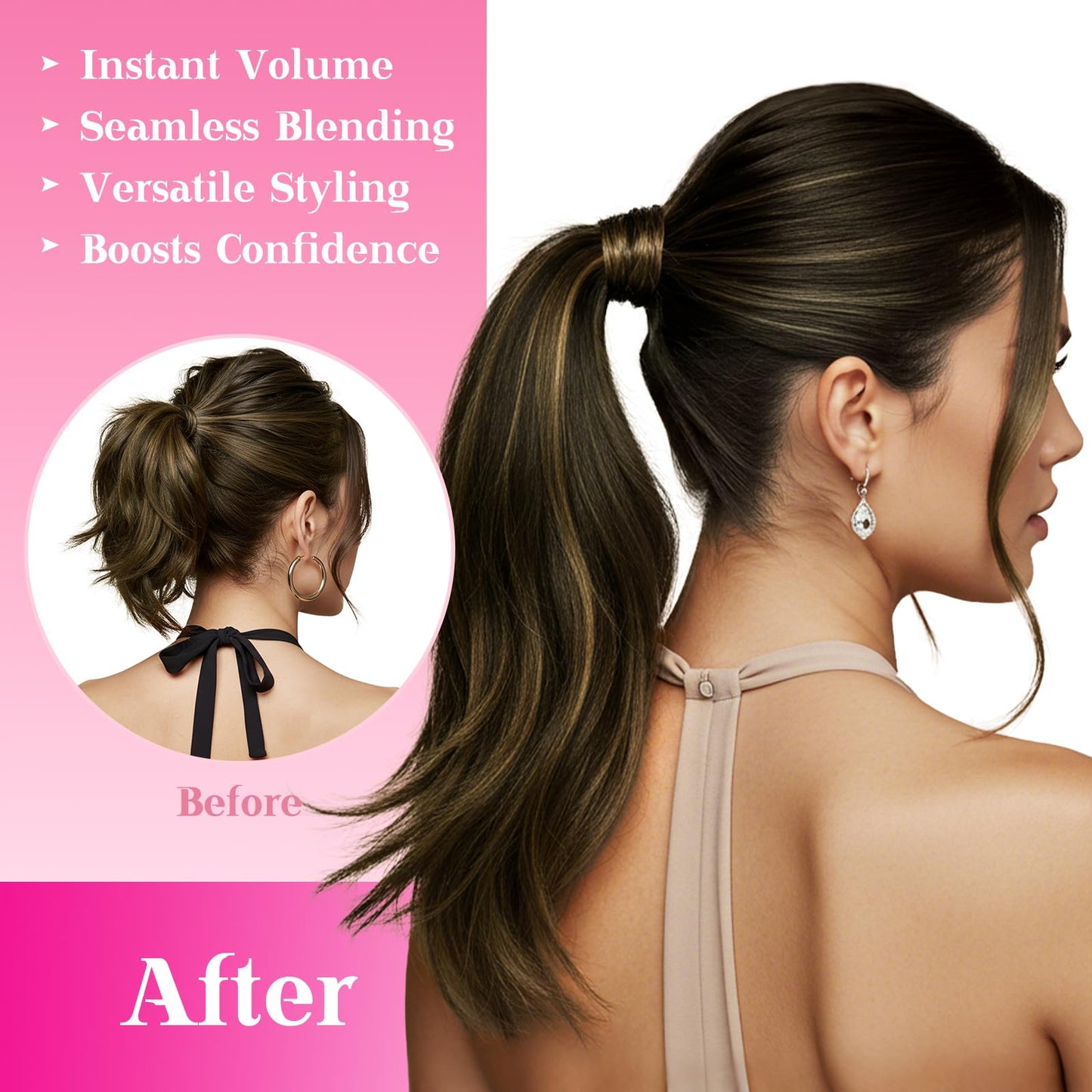 Ve Sunny Hair Extensions Ponytail Real Human Hair 80g Wrap Around Straight Ponytail Extensions Dark Brown Balayage Chestnut Brown clip in Style Short Length 14 Inch
