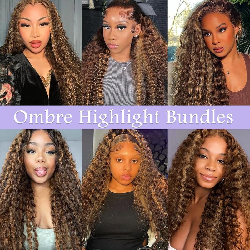 Ombre Human Hair Bundles - Highlighted Deep Wave Extensions | 12-16 Inch Brown Hair Bundle