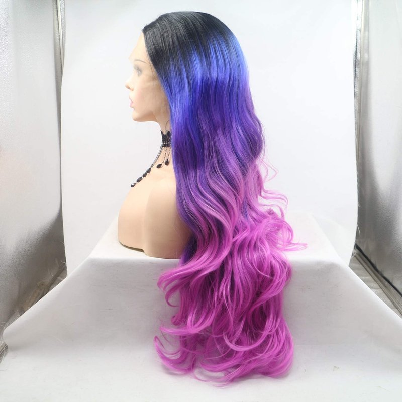 RainaHair Colour Blue Ombre Dark Purple Rose Red Synthetic Lace Front Wigs for Women 4 Tone Color Heat Resistant Party Cosplay Drag Queen Wigs (24 Inch, colour/lace front wig)