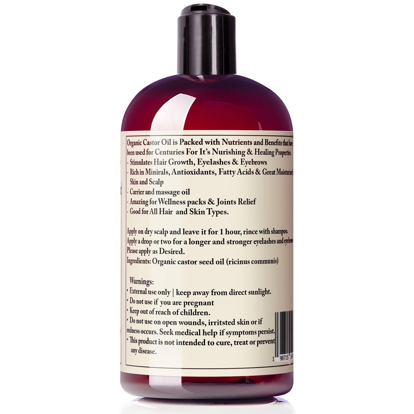 UsPureOrganics Premium Organic Castor Oil Cold Pressed Unrefined For Skin Scalp Hair Growth Eyelashes & Eyebrows, Therapeutic & Detox. Hexane & Chemicals Free 16Oz