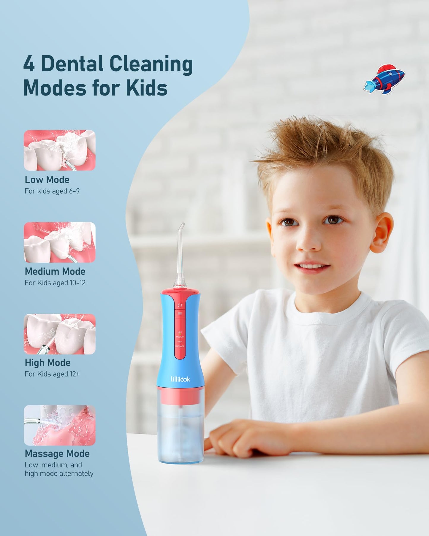 Lillilook Kids Water Flosser Blue, Rechargeable Oral Irrigator for Kids Aged 6+, 4 Modes, 3 Jet Tips, Fun Stickers, Safe and Gentle Oral Care