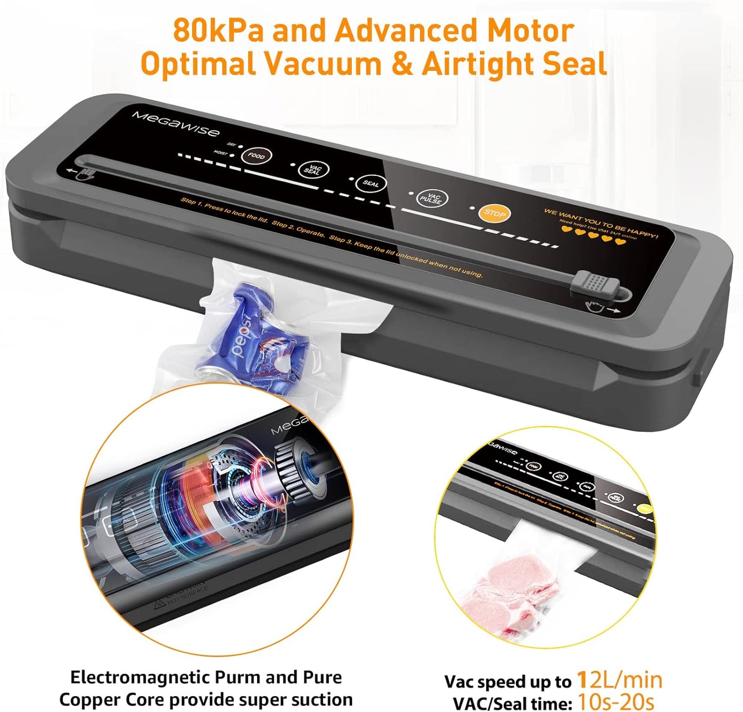 Vacuum Sealer Machine - 80kPa Suction Power | Includes 110 Vacuum Sealer Bags (8"x12") & Cutter