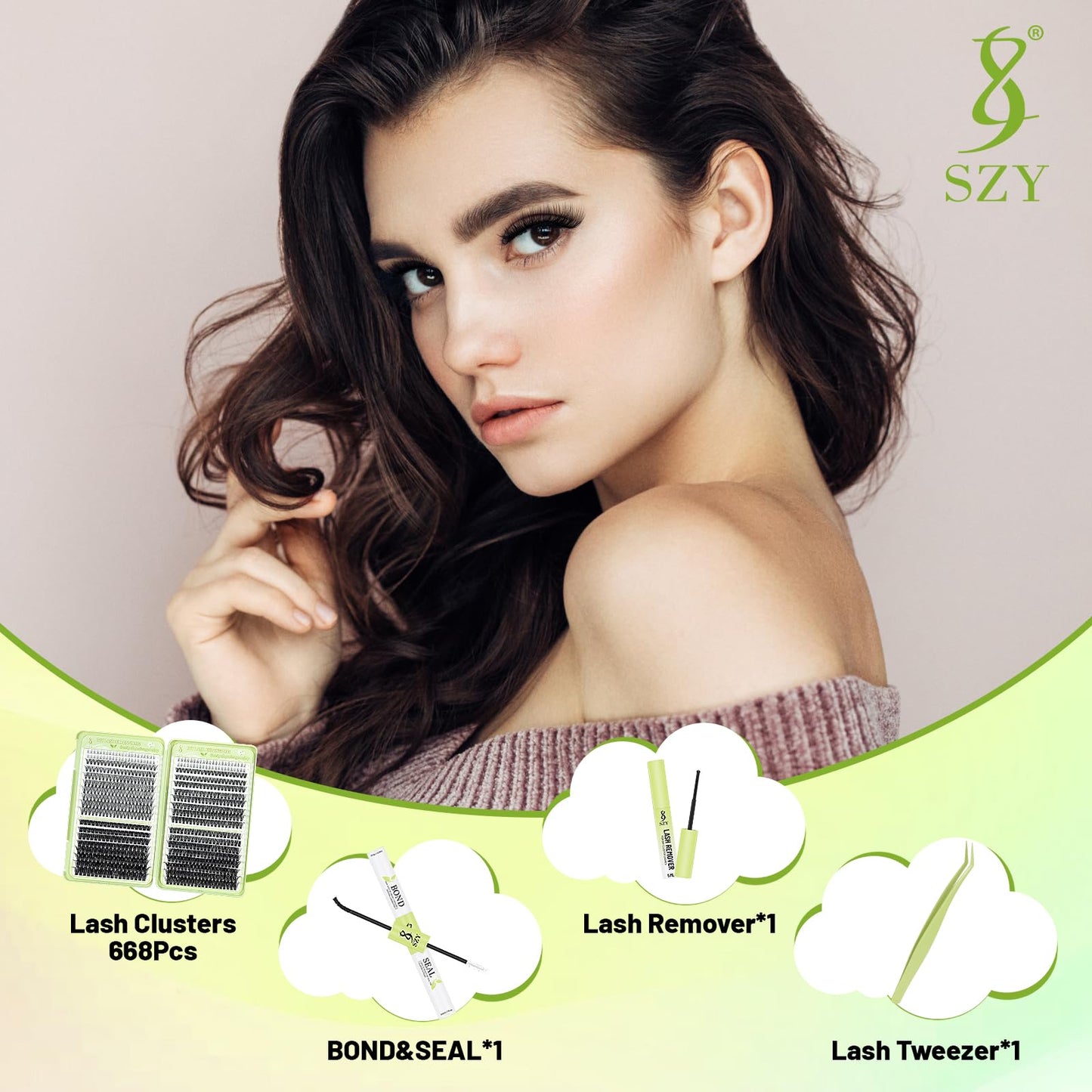 Eyelash Clusters Kit With Bottom Lashes 30+40+60+80D Lashes 668 Pcs Natural Wispy Lash Clusters Eyelash Extension Kit 5-16MM D Curl Lash with Bond and Seal Remover Tweezer for DIY at Home