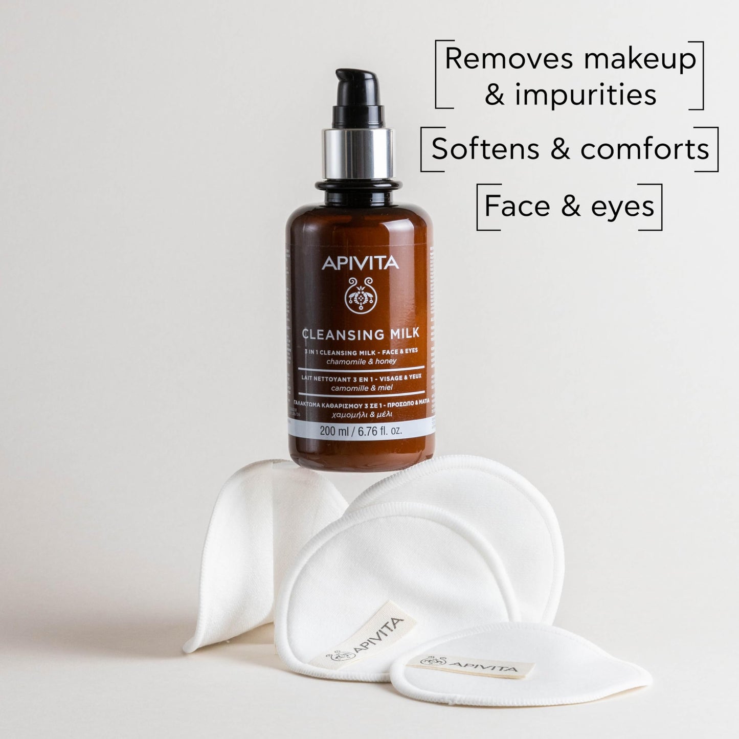 Apivita Cleansing Milk | Hydrating & Smoothing 3-in-1 Cleansing Milk Face & Eye Cleanser + Makeup Remover with Chamomile & Honey, 200 mL / 6.67 oz