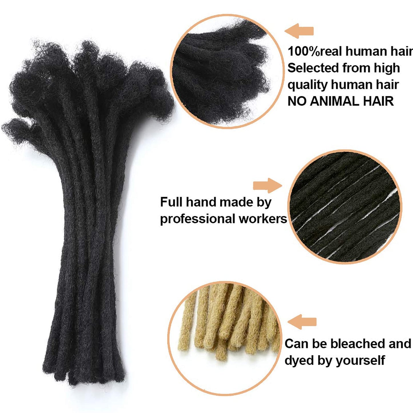 WacanDan Dreadlock Extensions, 8inch Human Hair, 30 Strands, Natural Black, Handmade Solid Color Crochet Loc Extensions, 0.6cm Width, Hair Extension for Women/Men/Kids